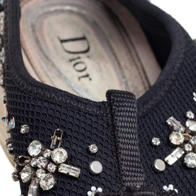 Pre Owned Dior Black Mesh Fusion Crystal Embellished Slip On Sneakers Size 37.5