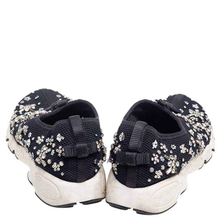 Pre Owned Dior Black Mesh Fusion Crystal Embellished Slip On Sneakers Size 37.5
