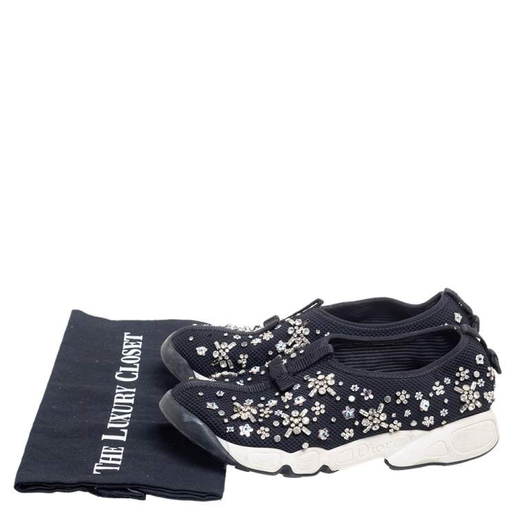 Pre Owned Dior Black Mesh Fusion Crystal Embellished Slip On Sneakers Size 37.5