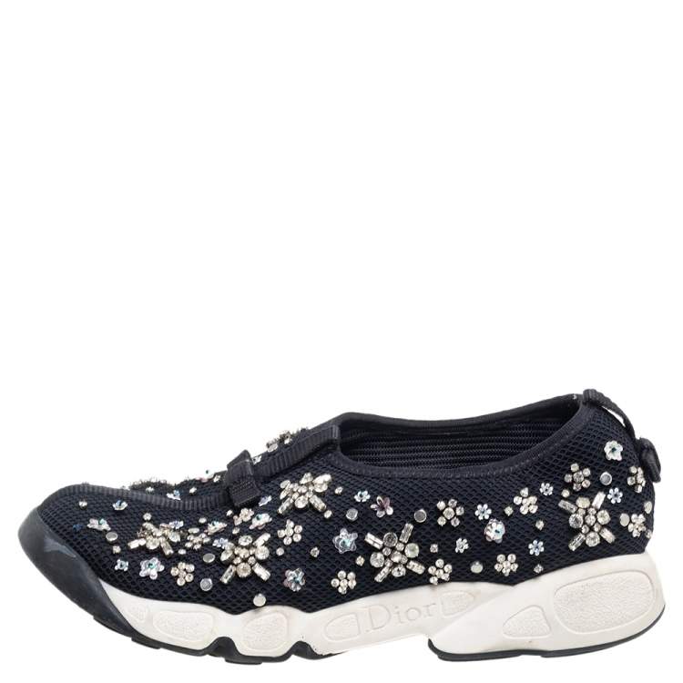 Pre Owned Dior Black Mesh Fusion Crystal Embellished Slip On Sneakers Size 37.5