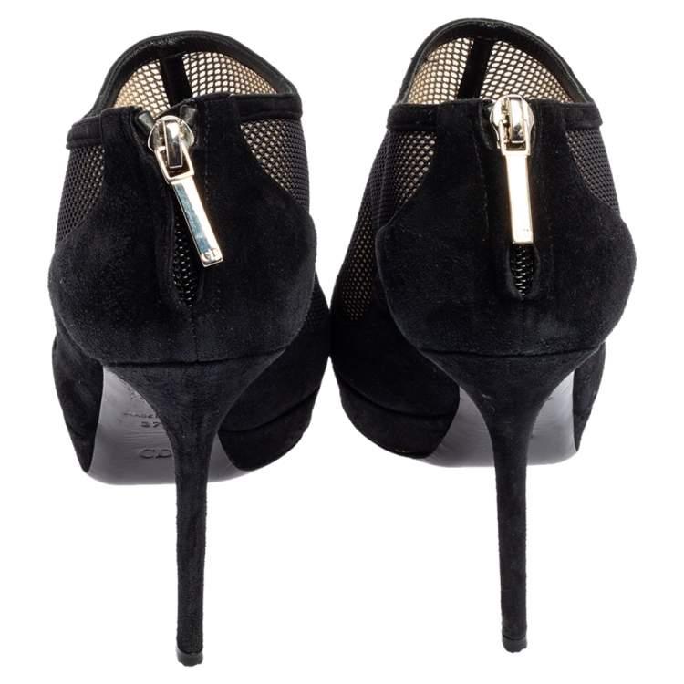 Pre Owned Dior Black Suede And Mesh Peep Toe Platform Booties Size 37.5