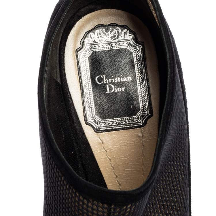 Pre Owned Dior Black Suede And Mesh Peep Toe Platform Booties Size 37.5