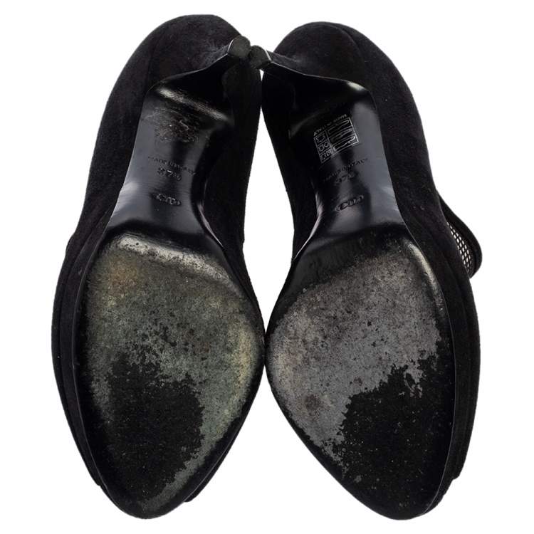 Pre Owned Dior Black Suede And Mesh Peep Toe Platform Booties Size 37.5