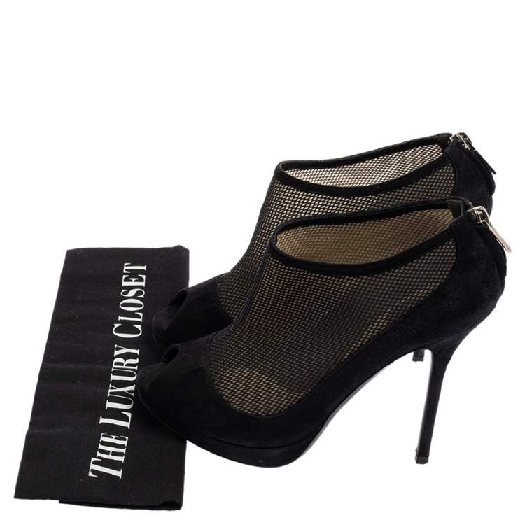 Pre Owned Dior Black Suede And Mesh Peep Toe Platform Booties Size 37.5