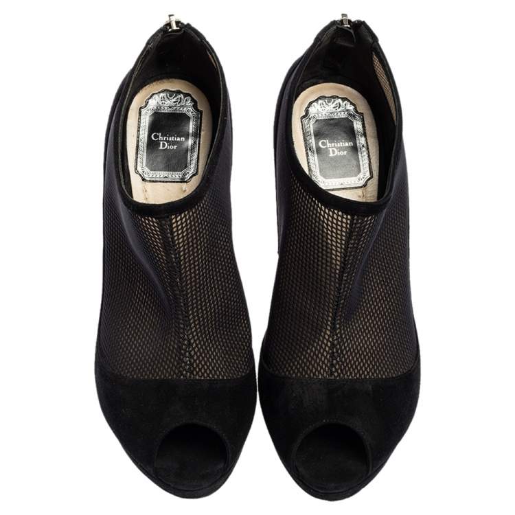 Pre Owned Dior Black Suede And Mesh Peep Toe Platform Booties Size 37.5