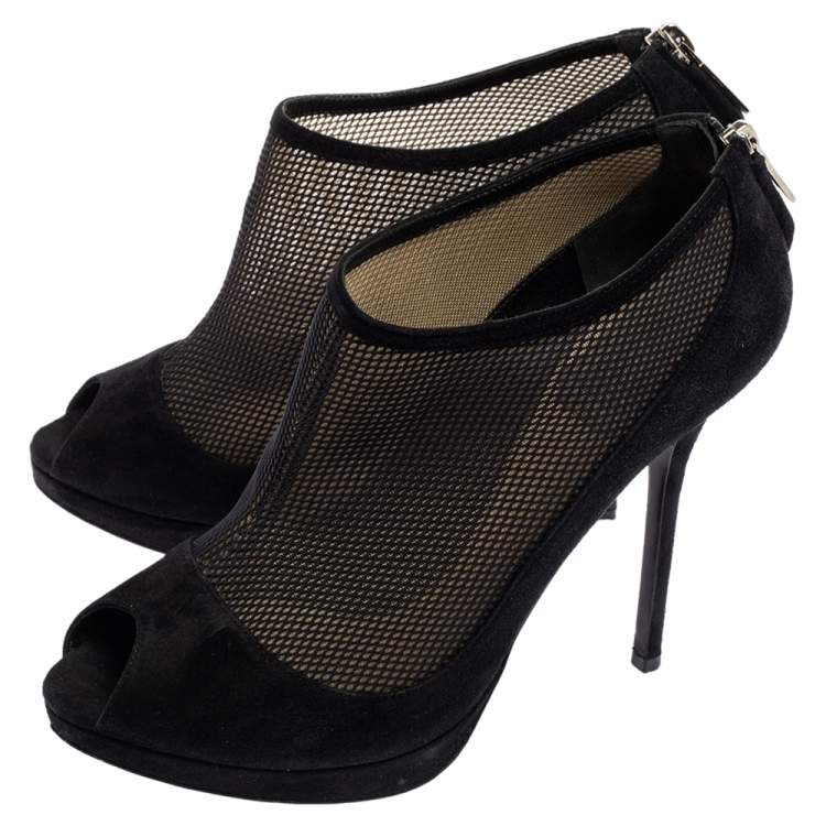 Pre Owned Dior Black Suede And Mesh Peep Toe Platform Booties Size 37.5