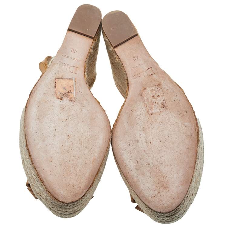 Pre Owned Dior Beige Patent Leather Bow Espadrille Platform Wedge Slingback Sandals Size 40