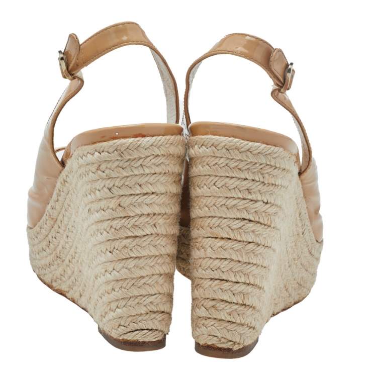Pre Owned Dior Beige Patent Leather Bow Espadrille Platform Wedge Slingback Sandals Size 40