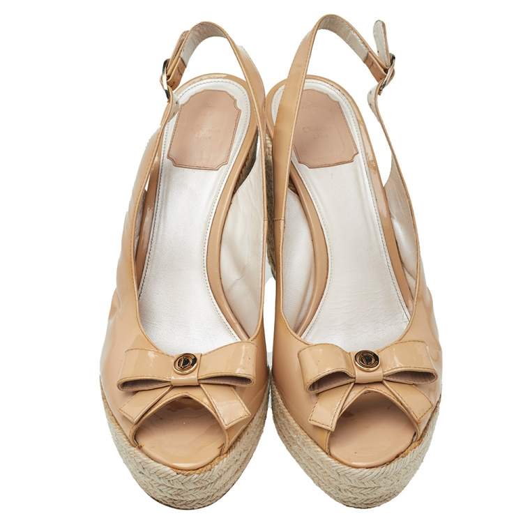 Pre Owned Dior Beige Patent Leather Bow Espadrille Platform Wedge Slingback Sandals Size 40