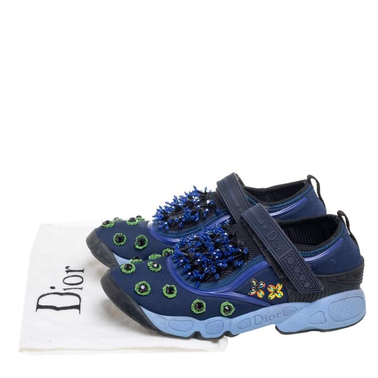 Pre Owned Dior Blue Crystal And Sequins Embellished Fabric Fusion Sneakers Size 36.5