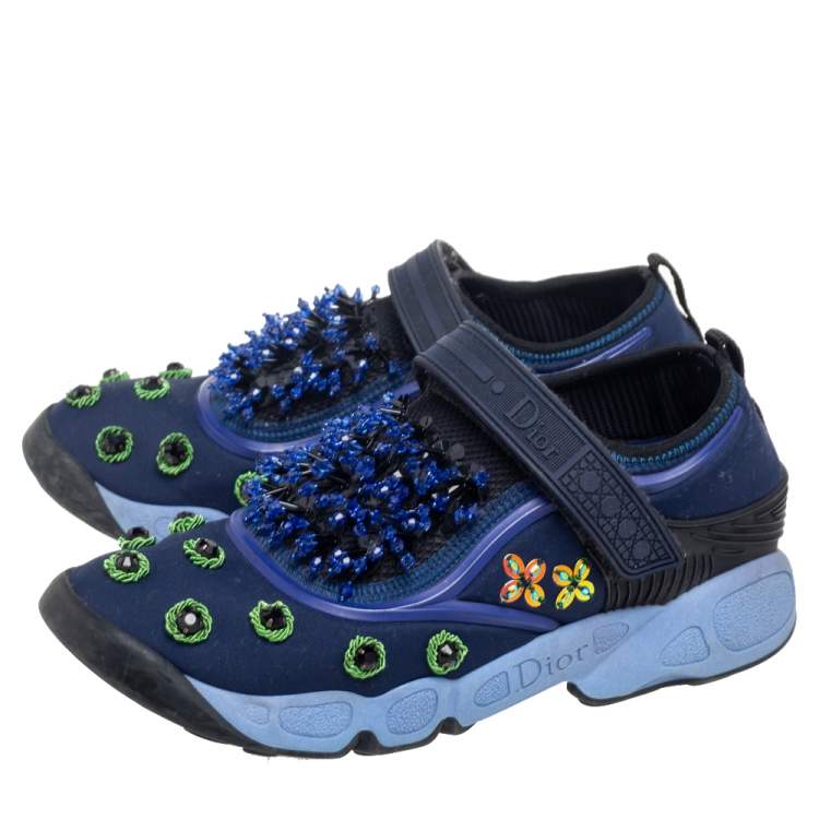 Pre Owned Dior Blue Crystal And Sequins Embellished Fabric Fusion Sneakers Size 36.5
