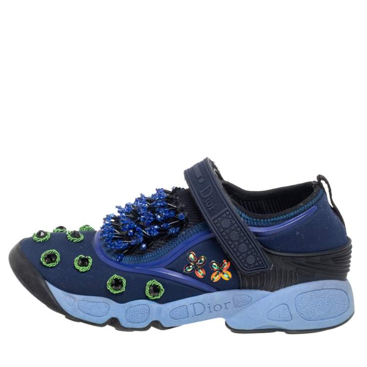 Pre Owned Dior Blue Crystal And Sequins Embellished Fabric Fusion Sneakers Size 36.5