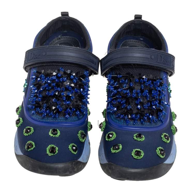 Pre Owned Dior Blue Crystal And Sequins Embellished Fabric Fusion Sneakers Size 36.5