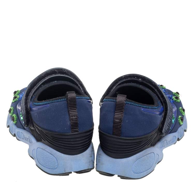 Pre Owned Dior Blue Crystal And Sequins Embellished Fabric Fusion Sneakers Size 36.5