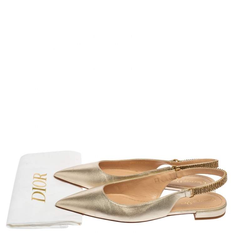 Pre Owned Dior Metallic Light Gold Leather Crystals Embellished Slingback Flats Size 40