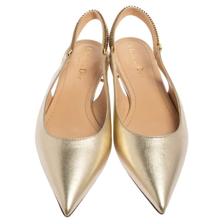 Pre Owned Dior Metallic Light Gold Leather Crystals Embellished Slingback Flats Size 40