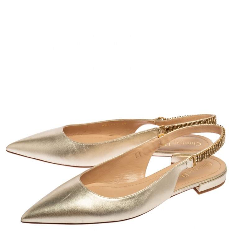 Pre Owned Dior Metallic Light Gold Leather Crystals Embellished Slingback Flats Size 40
