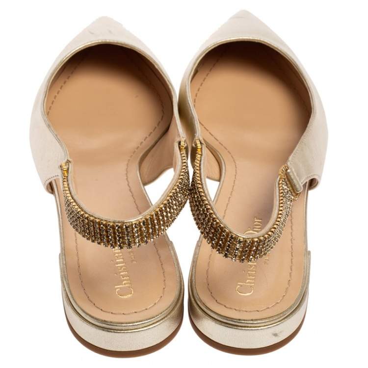 Pre Owned Dior Metallic Light Gold Leather Crystals Embellished Slingback Flats Size 40