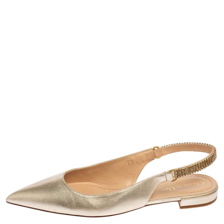 Pre Owned Dior Metallic Light Gold Leather Crystals Embellished Slingback Flats Size 40