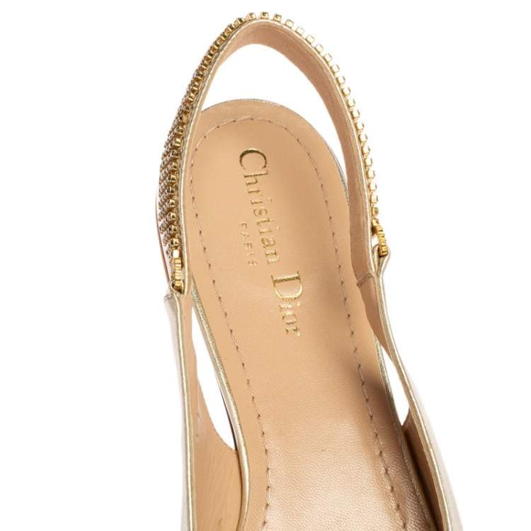 Pre Owned Dior Metallic Light Gold Leather Crystals Embellished Slingback Flats Size 40