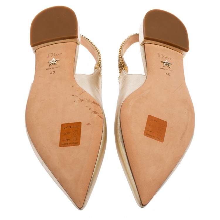 Pre Owned Dior Metallic Light Gold Leather Crystals Embellished Slingback Flats Size 40