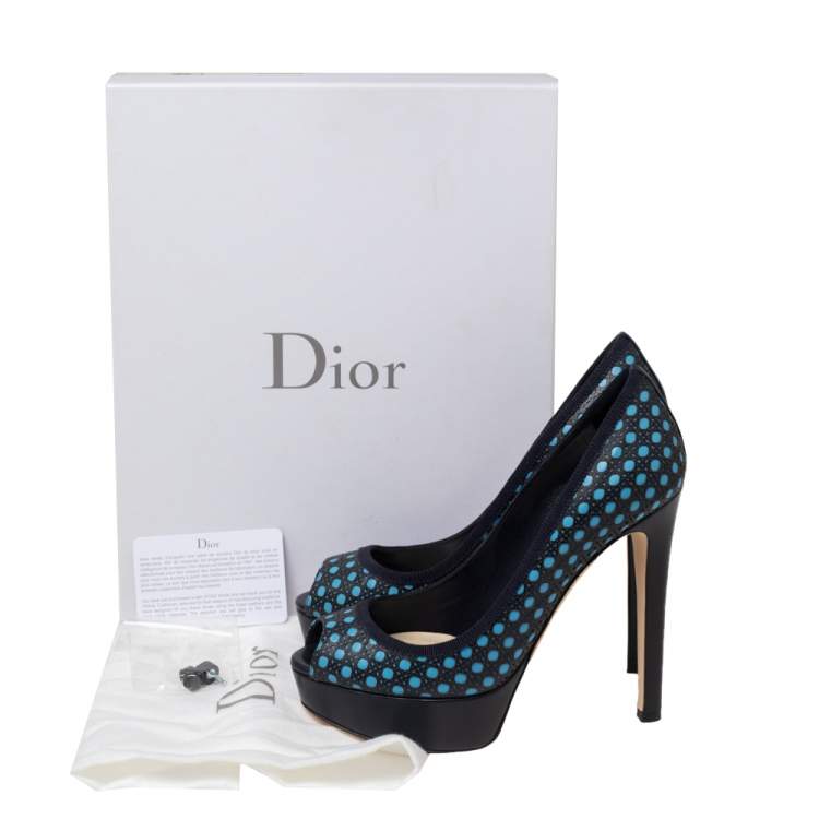 Pre Owned Dior Black and Blue Leather Contrast Cannage Peep Toe Platform Pumps Size 37