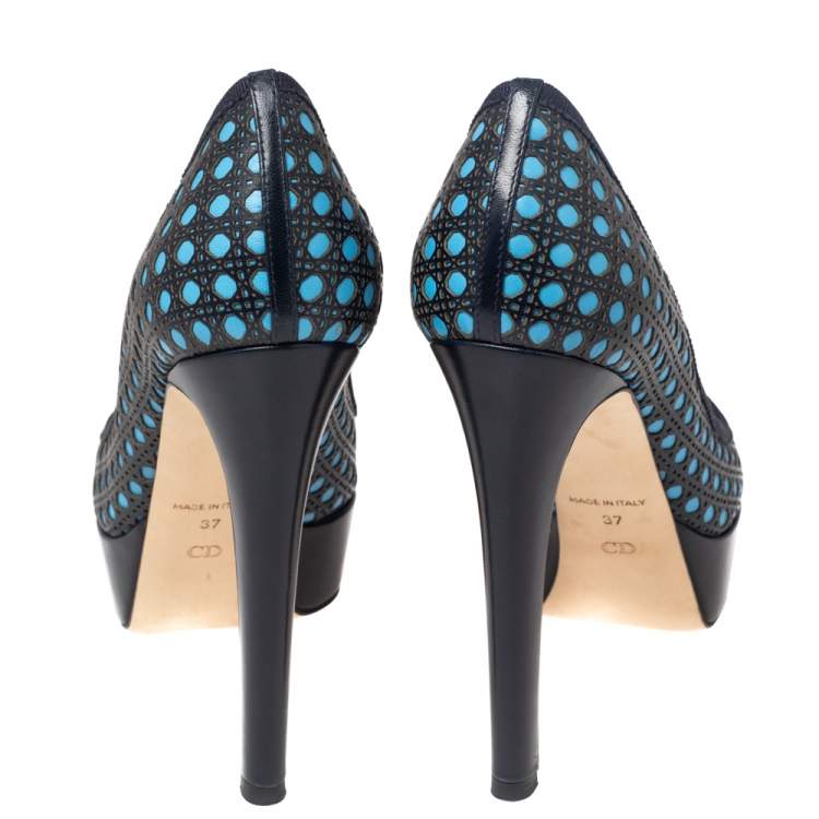 Pre Owned Dior Black and Blue Leather Contrast Cannage Peep Toe Platform Pumps Size 37