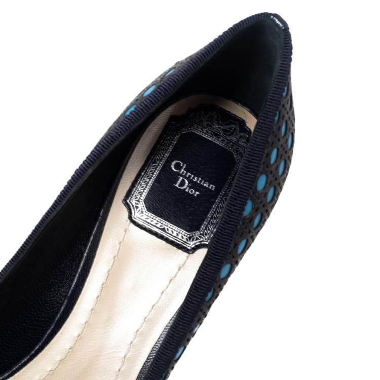 Pre Owned Dior Black and Blue Leather Contrast Cannage Peep Toe Platform Pumps Size 37