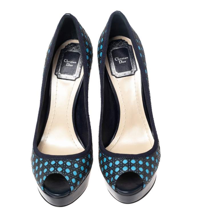 Pre Owned Dior Black and Blue Leather Contrast Cannage Peep Toe Platform Pumps Size 37