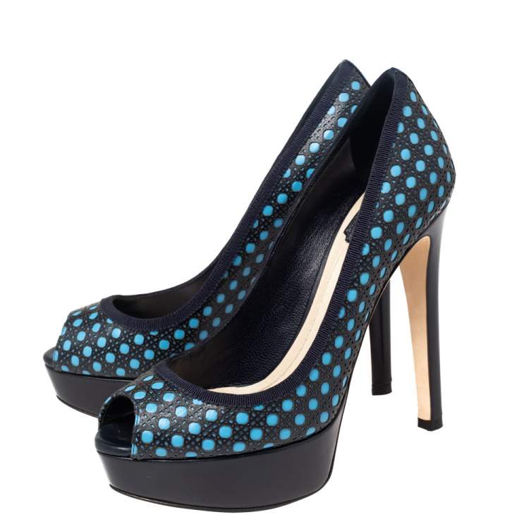 Pre Owned Dior Black and Blue Leather Contrast Cannage Peep Toe Platform Pumps Size 37
