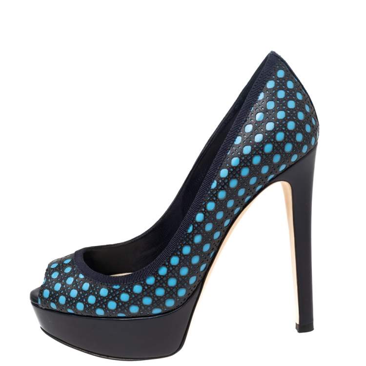 Pre Owned Dior Black and Blue Leather Contrast Cannage Peep Toe Platform Pumps Size 37