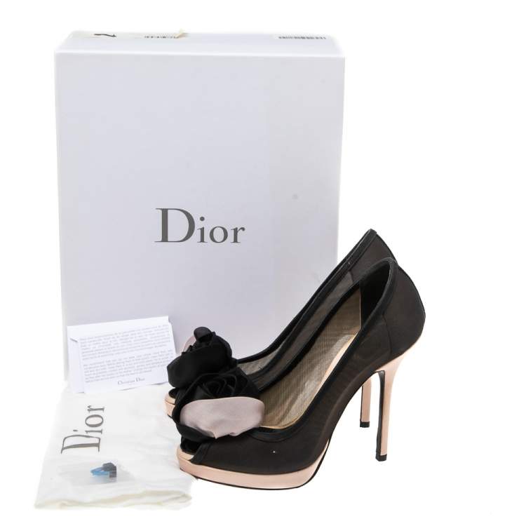 Pre Owned Dior Black/Pink Mesh Garden Flower Detail Peep Toe Pumps Size 36.5
