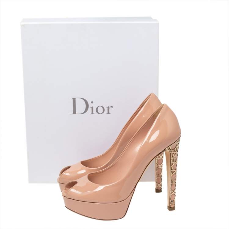 Pre Owned Dior Beige Patent Leather Miss Dior Peep Toe Platform Pumps Size 37