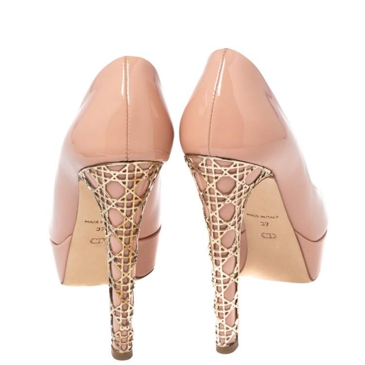Pre Owned Dior Beige Patent Leather Miss Dior Peep Toe Platform Pumps Size 37