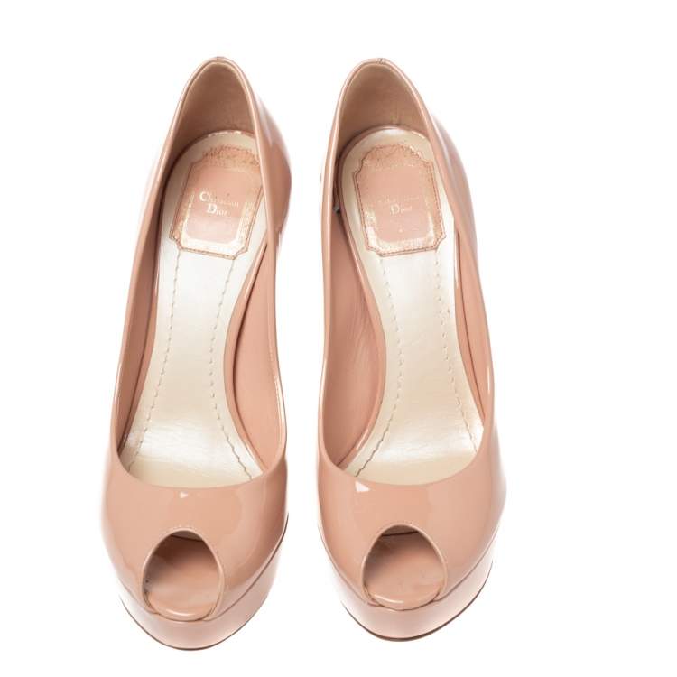 Pre Owned Dior Beige Patent Leather Miss Dior Peep Toe Platform Pumps Size 37