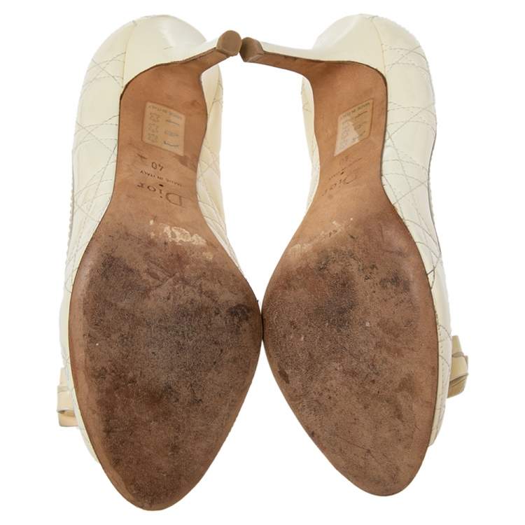 Pre Owned Dior Cream Cannage Patent Leather Bow Peep Toe Pumps Size 40