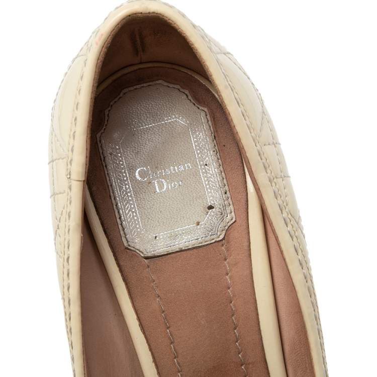 Pre Owned Dior Cream Cannage Patent Leather Bow Peep Toe Pumps Size 40