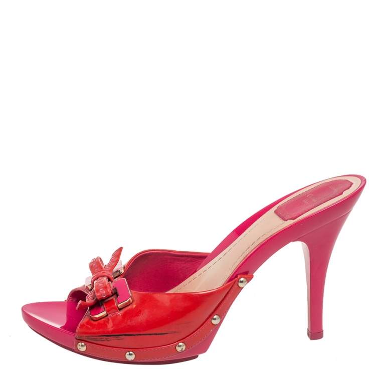 Pre Owned Dior Pink/Red Patent Leather Bow Open Toe Slide Sandals Size 41.5