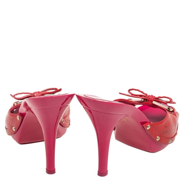 Pre Owned Dior Pink/Red Patent Leather Bow Open Toe Slide Sandals Size 41.5