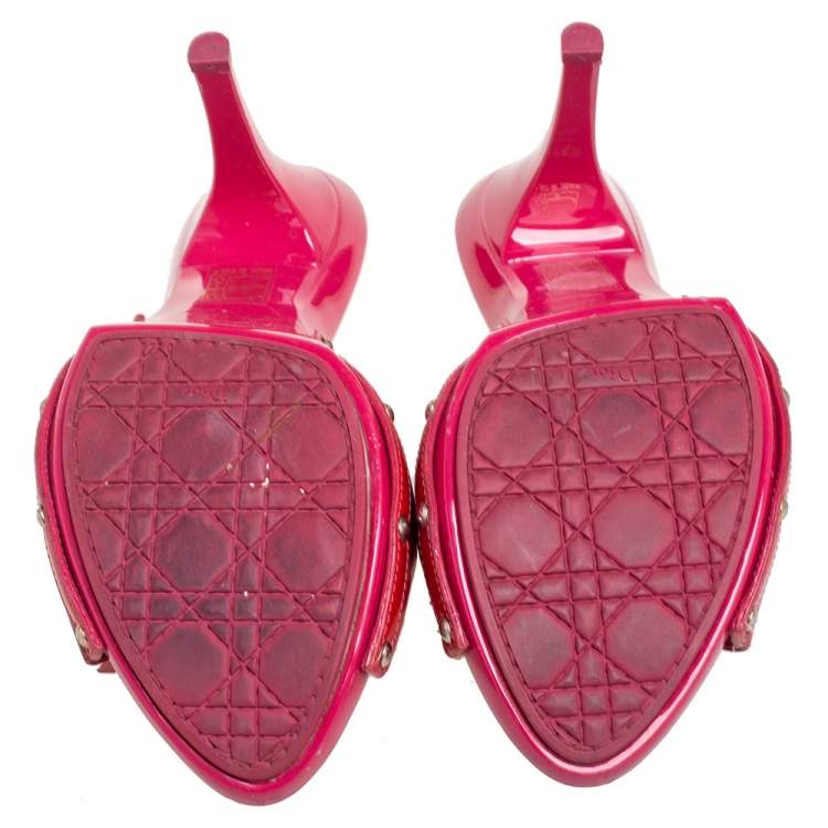 Pre Owned Dior Pink/Red Patent Leather Bow Open Toe Slide Sandals Size 41.5