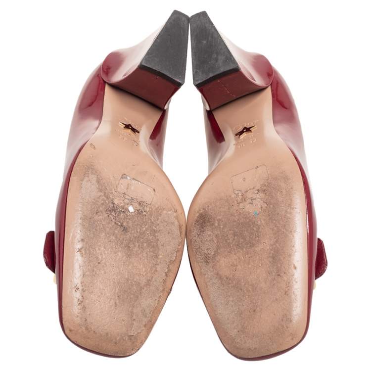 Pre Owned Dior Red Patent Leather Logo Square Toe Pumps Size 36