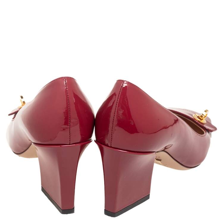 Pre Owned Dior Red Patent Leather Logo Square Toe Pumps Size 36