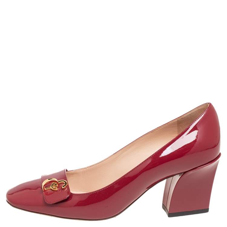 Pre Owned Dior Red Patent Leather Logo Square Toe Pumps Size 36