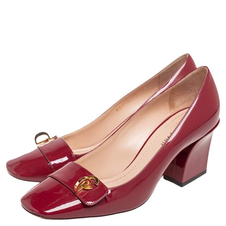 Pre Owned Dior Red Patent Leather Logo Square Toe Pumps Size 36