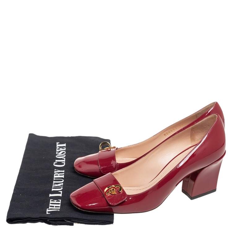 Pre Owned Dior Red Patent Leather Logo Square Toe Pumps Size 36