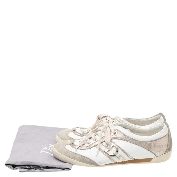 Pre Owned Dior White/Gold Leather and Suede Lace Up Sneakers Size 36.5