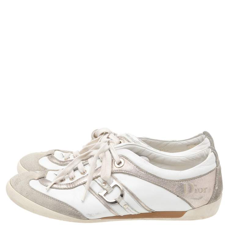 Pre Owned Dior White/Gold Leather and Suede Lace Up Sneakers Size 36.5