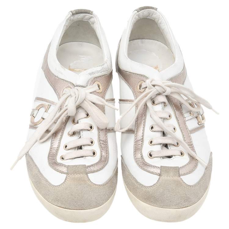 Pre Owned Dior White/Gold Leather and Suede Lace Up Sneakers Size 36.5
