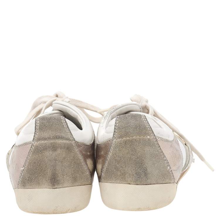 Pre Owned Dior White/Gold Leather and Suede Lace Up Sneakers Size 36.5