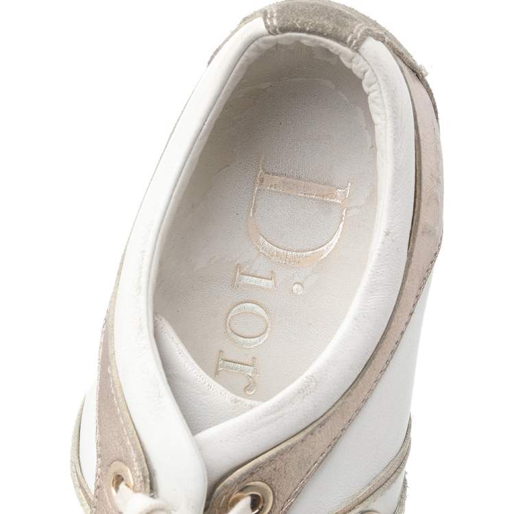 Pre Owned Dior White/Gold Leather and Suede Lace Up Sneakers Size 36.5